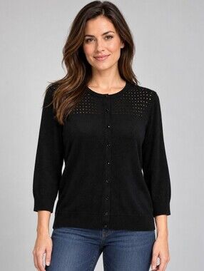 Cable & Gauge Black Pointelle Button Cardigan Size M